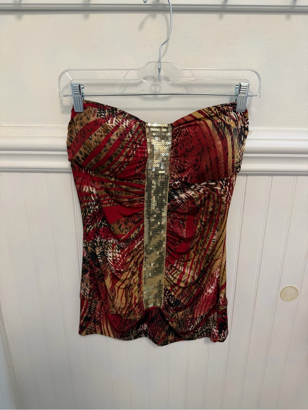 Y2K Dots Strapless Sequin-Trim Red and Gold Printed Bustier Top